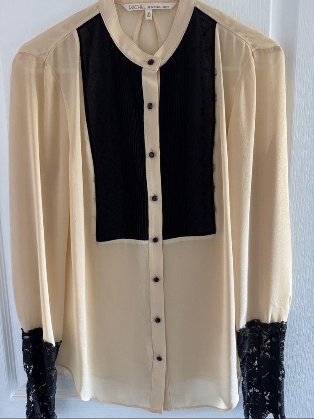 RACHEL Rachel Roy Cream Blouse with Black Bib and Lace Cuffs
